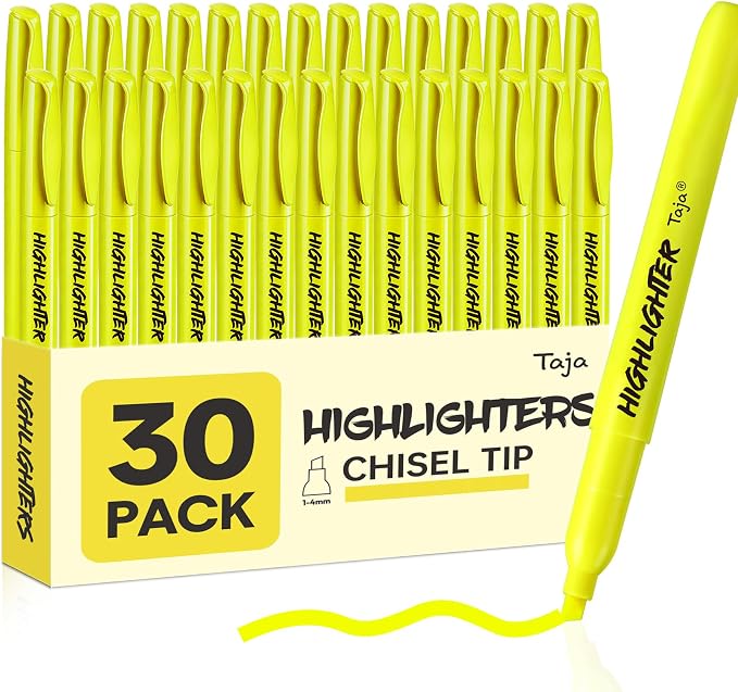Taja 30 Pack Highlighters Yellow, Chisel Tip Markers by Taja