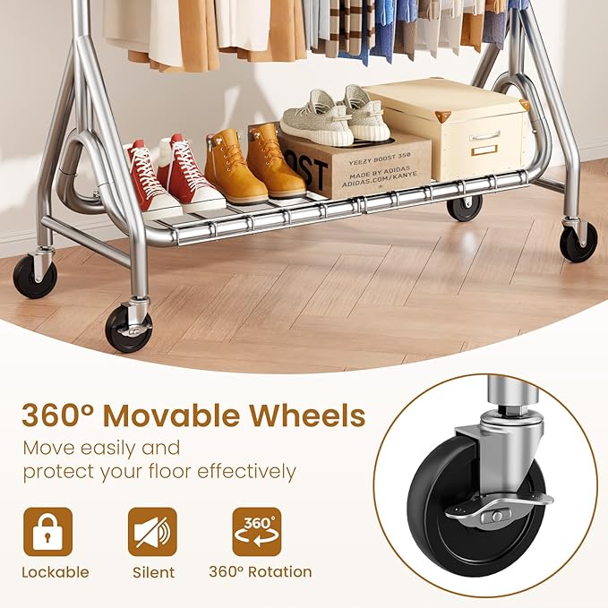 Double Rods Clothing Rack, Heavy Duty Clothes Rack for Hanging Clothes Load 560LBS, Metal Rolling Garment Racks with Wheels, Freestanding Clothes Hanging Racks, Silver-DeskLoop Office