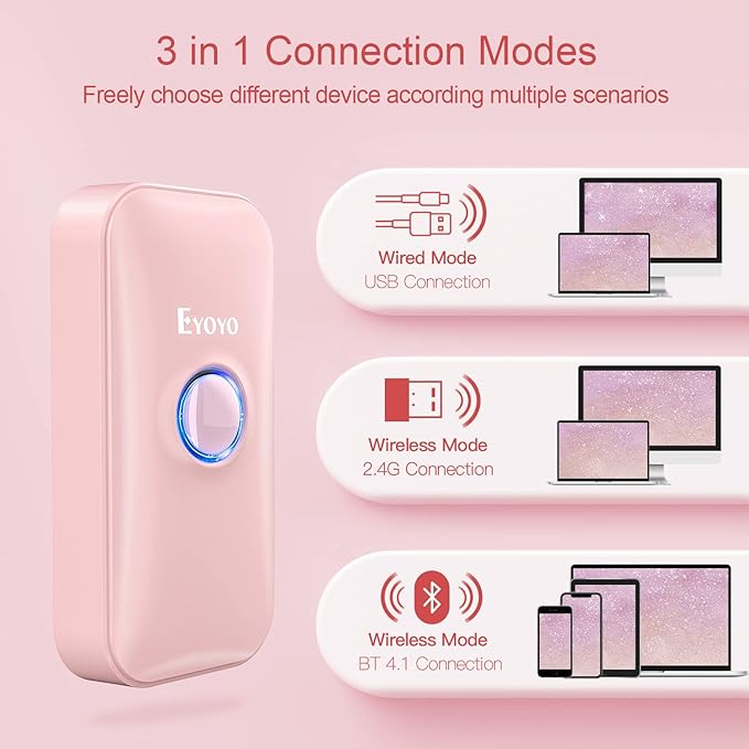 Eyoyo Mini 1D Bluetooth Barcode Scanner, 3-in-1 Bluetooth & USB Wired & 2.4G Wireless Barcode Reader Portable Bar Code Scanning Work with Windows, Android, iOS, Tablets or Computers(Pink)-DeskLoop Office