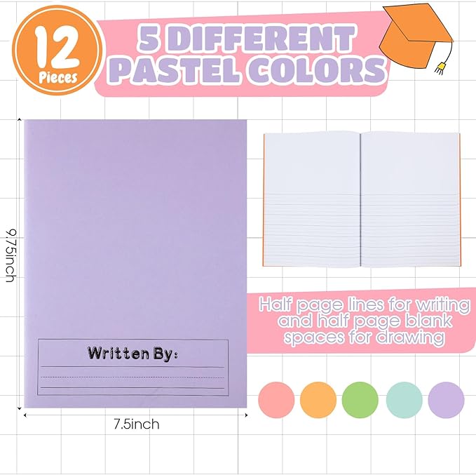 Henoyso 12 Pcs Primary Composition Notebook K-2 9 3/4 x 7 1/2 Inch Primary Journal, Back to School Supplies, Bulk Blank Writing Book for Kid to Write Draw Journal 60 Page Notebooks (Light Color)-DeskLoop Office