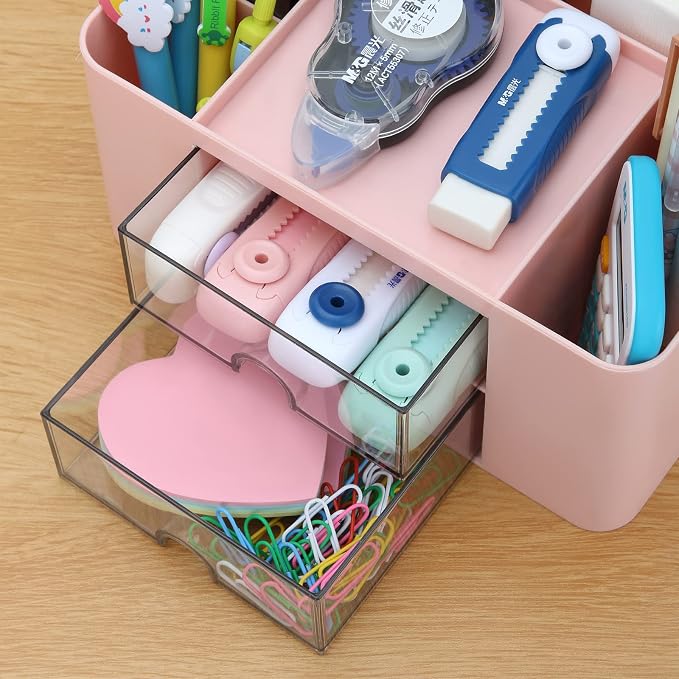 Desk Organizer with 2 Drawer, Plastic Desktop Pen Pencil Card Holder Storage Box - Image 7