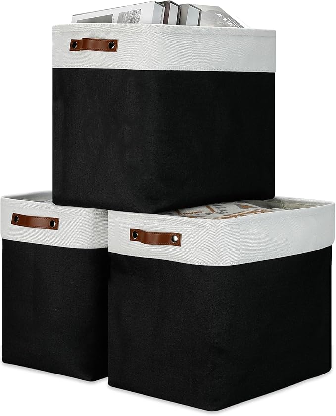 DULLEMELO Fabric Storage Baskets 3 Pack - 17x12x15 inch Large Foldable Fabric Organizer for Storage Decorative Storage Bins for Home,Closet(White&Black)-DeskLoop Office
