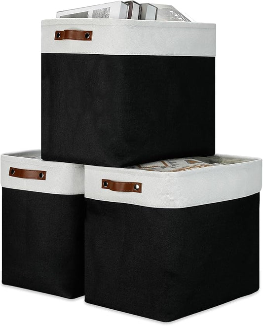 DULLEMELO Fabric Storage Baskets 3 Pack - 17x12x15 inch Large Foldable Fabric Organizer for Storage Decorative Storage Bins for Home,Closet(White&Black)-DeskLoop Office