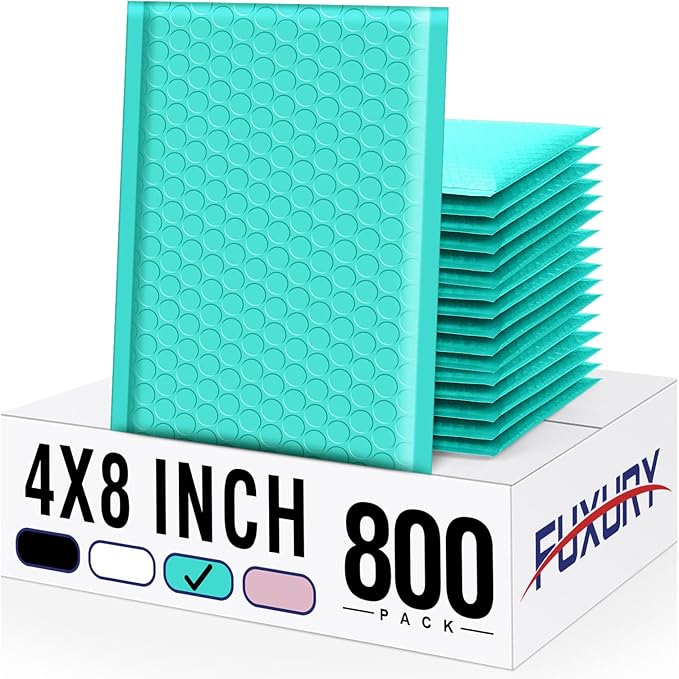 Fuxury Teal Bubble Mailers 4x8" 800 Pack, Waterproof Padded Envelopes Self Seal by Fuxury