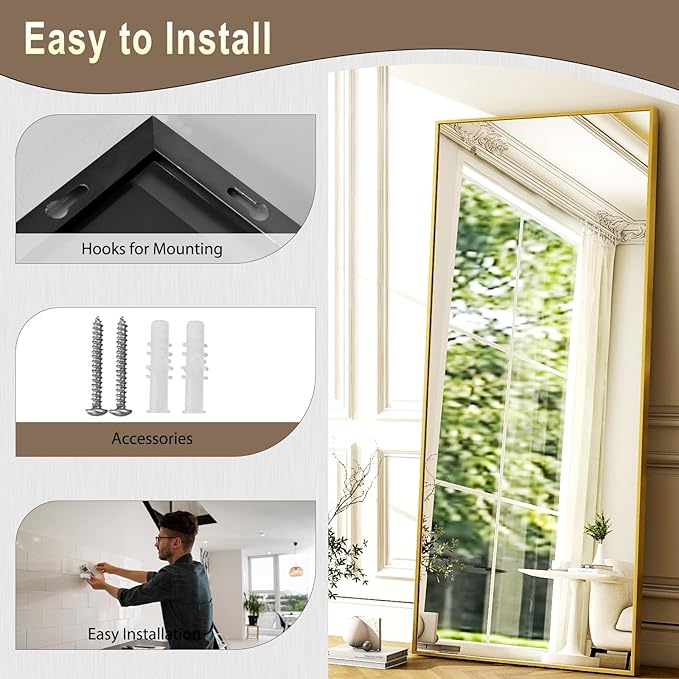 GLSLAND 68" x 24" Full Length Mirror - Rectangle Floor Mirrors Aluminum Alloy Frame Full Body Mirror for Bedroom, Living Room, Cloak Room, Gold-DeskLoop Office