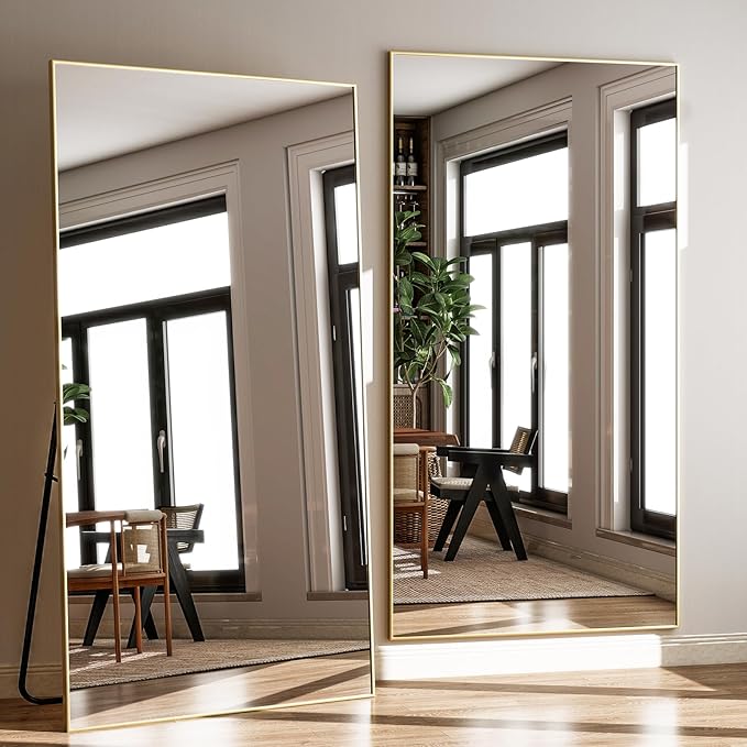 GLSLAND 71"x31" Full Length Mirror Extra Large Hanging or Leaning Rectangle Mirror Aluminum Alloy Thin Frame Bedroom Floor Dressing,Gold-DeskLoop Office