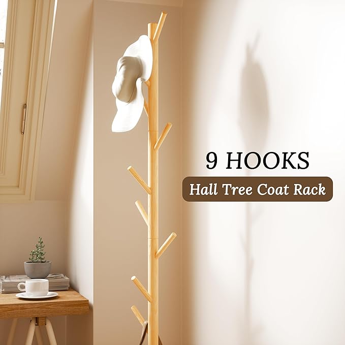 Wooden Coat Rack Freestanding with Round Base, Adjustable 4 Heights Sturdy Coat Hanger Stand 9 Hooks for Hanging Bags, Hats, Save Space Coat Tree for Narrow Place, Entryway, Bedroom, Office (Natural)-DeskLoop Office