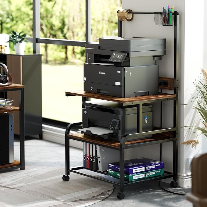 Homieasy Printer Stand with Charging Station, 29.1" x 22.8" Large 3D Printer Table with Filament Storage, Heavy Duty Rolling Printer Cart with 4-Tier Storage for Workshop/Office/Garage, Rustic Brown-DeskLoop Office