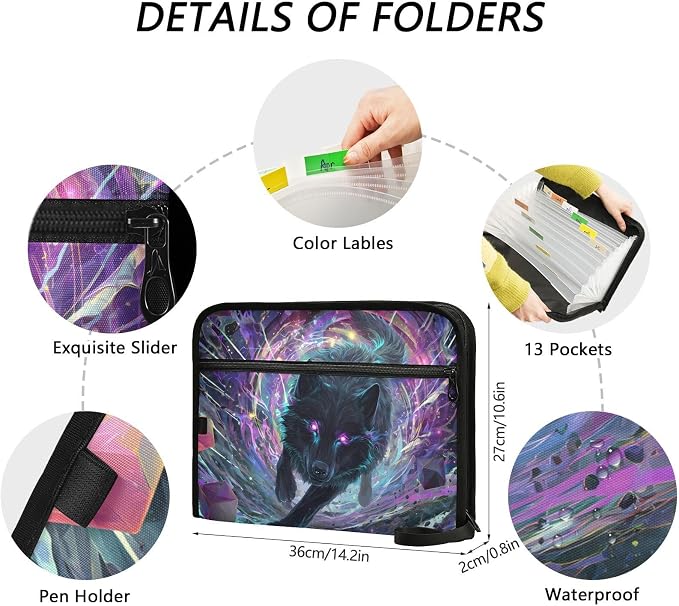 Expanding File Folder Black Wolf Purple Eyes Galaxy Accordion File Organizer 13 - Image 4