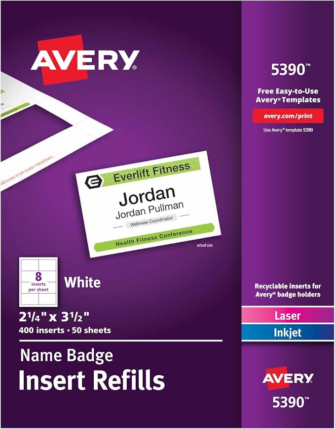 Avery Customizable Name Badge Inserts, 2.25" x 3.5", 400 Printable Name Tag by Avery