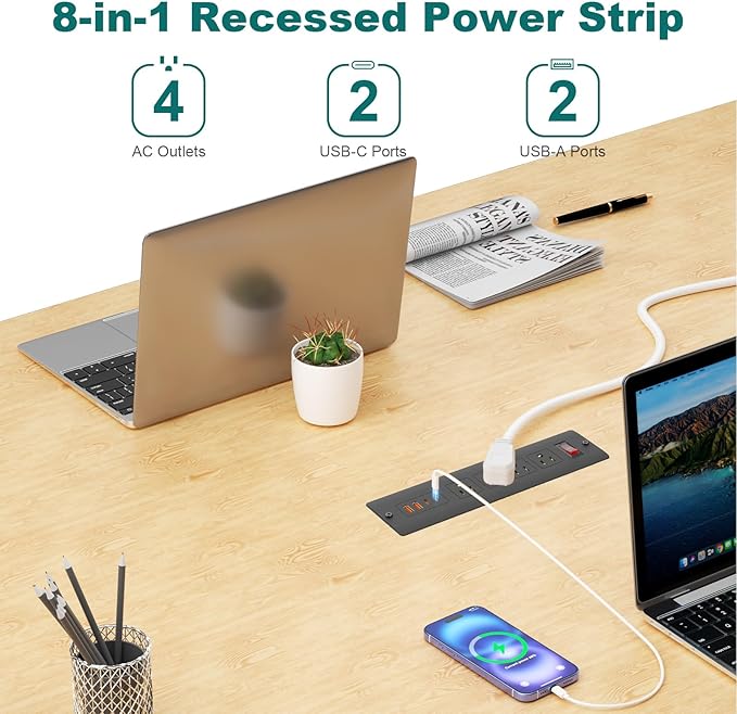 QBA Recessed Power Strip with USB-C 65W, 4 Outlets 2 USB-C & 2 USB-A Ports, Mountable Desk Outlet for Conference Furniture, 45° Angled Flat Plug 6FT Cord, Black-DeskLoop Office
