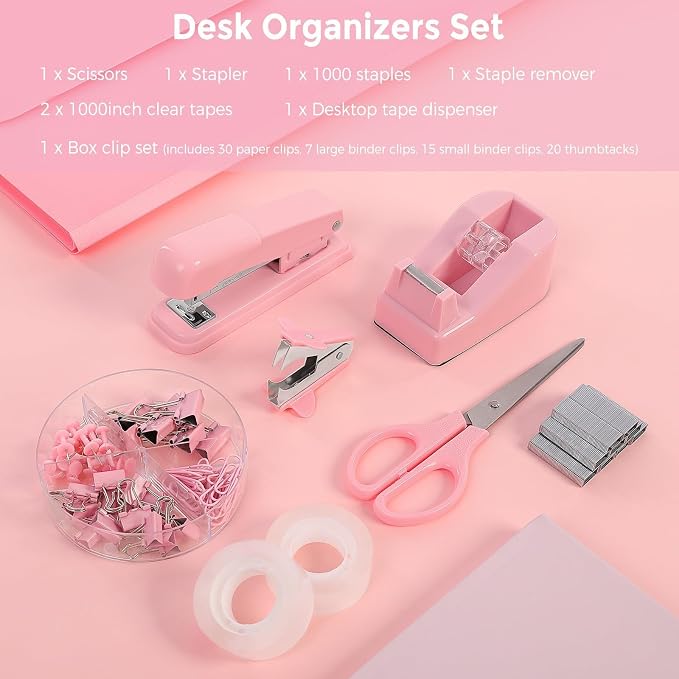 SKYDUE Pink Office Desk Accessories, Tape Dispenser, Clips and 1000pcs Staples - Image 3