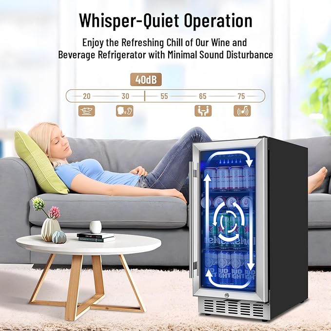 15 Inch Beverage Refrigerator, 130 Can Capacity Under Counter Fridge with Lock & Glass Door, Quiet Built-in or Freestanding Beer Cooler, Powerful Compressor for Fast Cooling-DeskLoop Office