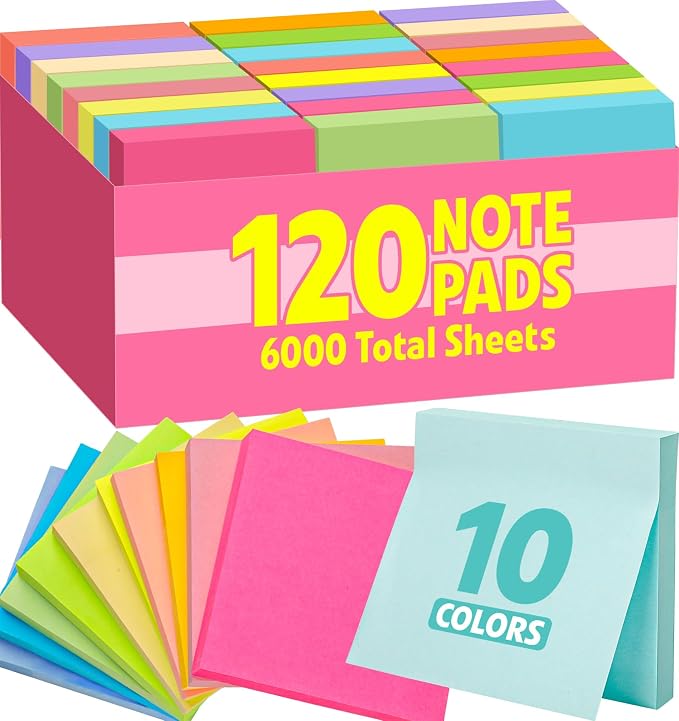 120 Pads Sticky Notes 3x3, Self-Stick Pads Bulk Bright Colors, School Supplies by YesBes