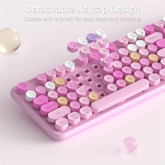Wireless Keyboard and Mouse, Full-Size Retro Typewriter Keyboard with Round Keycaps, 2.4GHz for Windows, Mac, Laptop, PC, Desktop (Pink Colorful)-DeskLoop Office