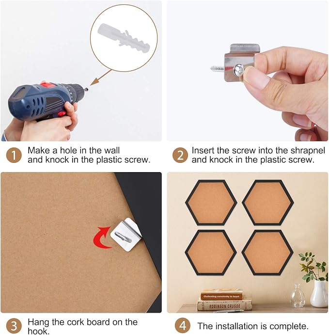 AkTop Cork Bulletin Board Hexagon 4 Pack, Small Framed Corkboard Tiles - Image 6