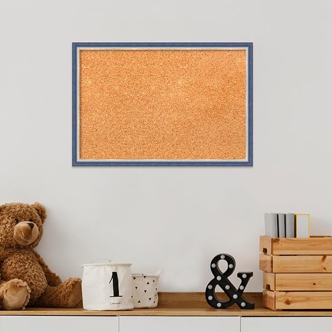 Amanti Art Natural Cork Board for Wall, 13x19 Vision Board with Blue Wood Frame, Small Corkboard Office Decor for Home Organization, Modern Corkboard Pinboard to Display Items for Home Organization-DeskLoop Office