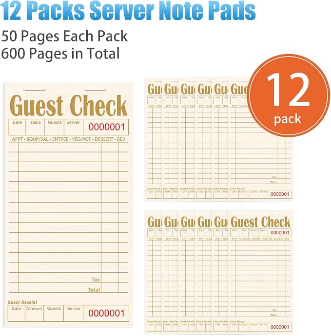 Guest Checks Books for Servers, Server Note Pads, 12 Pack, Natural Color Paper - Image 2