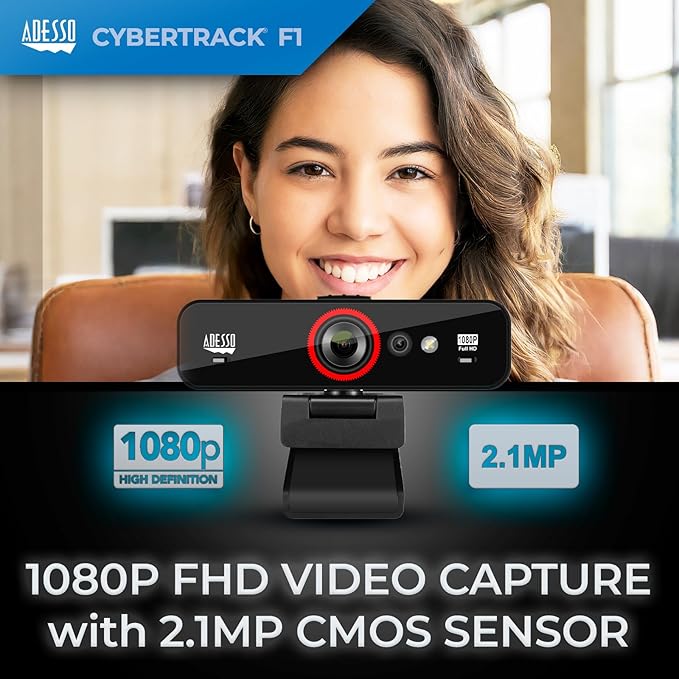 ADESSO CyberTrack F1 1080P HD Fixed Focus USB Windows Hello Webcam, Camera for Desktop PC Built-in Dual Microphone, Privacy Shutter, Audio/Video Mode Privacy ON/Off Switch & Tripod Mount