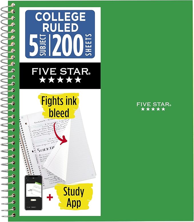 Five Star Spiral Notebook + Study App, 5 Subject, College Ruled Paper, 8.5" x by FiveStar