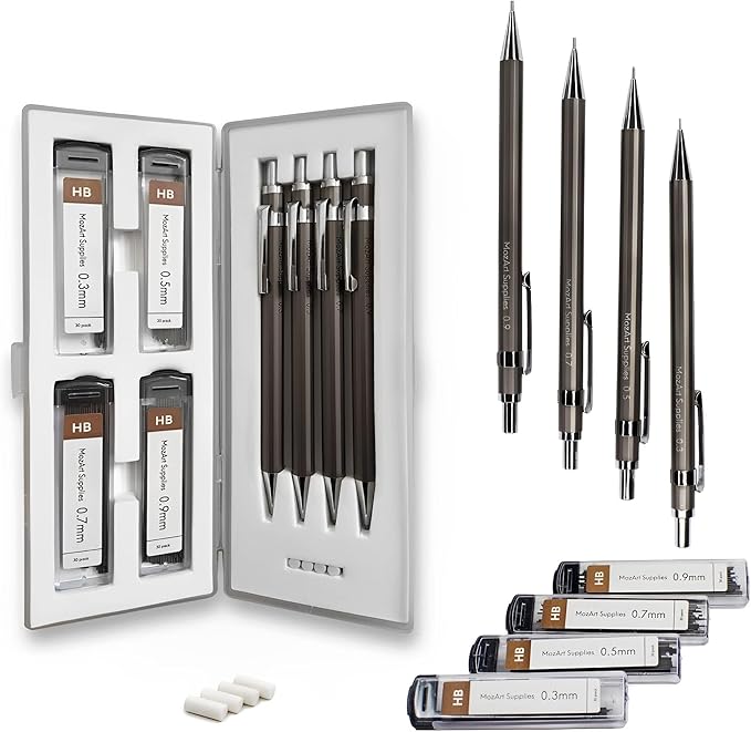 MozArt Mechanical Pencil Set 4 Sizes 0.3 0.5 0.7 0.9mm HB Lead Nickel | 30 HB by MozArtSupplies