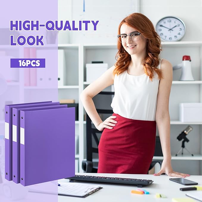 Henoyso 16 Pcs 3 Ring Binder 1/2'' Round Fits Letter Size 8. 5'' x 11'' Paper Plastic Flexible Binder Holds 100 Sheets with 1 Pockets Versatile Organizer for Office Home School (Purple)-DeskLoop Office