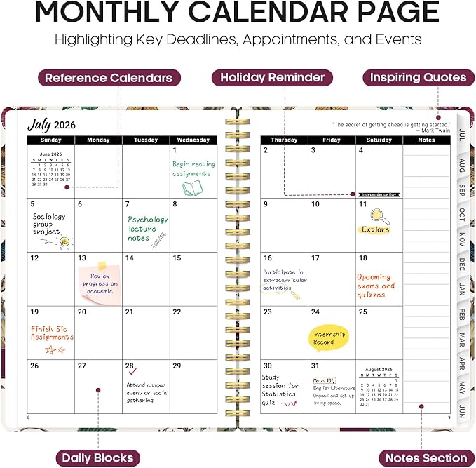 Planner 2026–2027, Academic Monthly Weekly Spiral Calendar, July 2026 – June - Image 2