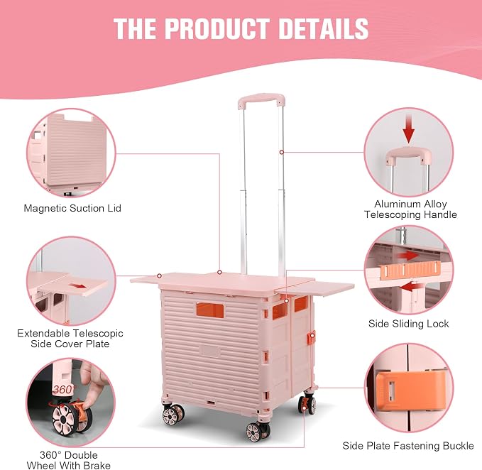 FELICON SELORSS Folding Utility Cart Portable Rolling Crate Handcart-Pink | - Image 3