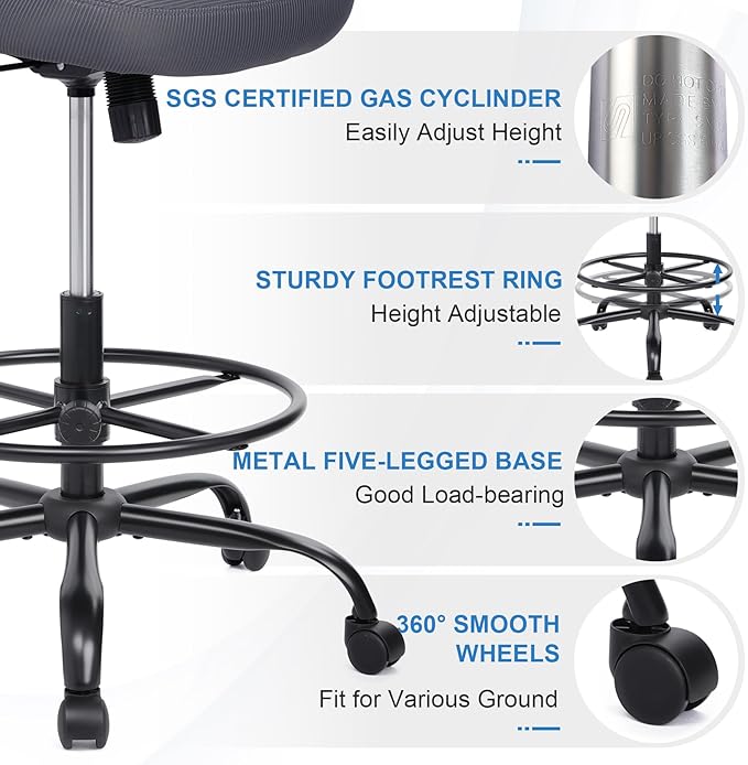 HYLONE Tall Drafting Chair Standing Desk Chair with Flip-Up Armrests, Adjustable Height Ergonomic Office Chair with Footrest Ring - High Stool Chair for Standing Desk (Dark Grey)-DeskLoop Office