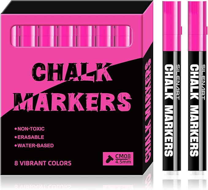 SILENART Chalk Markers Pink 8 Pack - Vibrant Chalkboard Marker for Blackboard Dry Erase Board Windows Glass Mirror Menu Board-DeskLoop Office