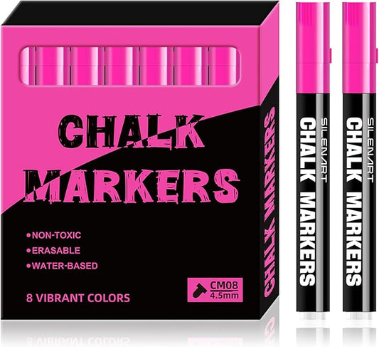 SILENART Chalk Markers Pink 8 Pack - Vibrant Chalkboard Marker for Blackboard Dry Erase Board Windows Glass Mirror Menu Board-DeskLoop Office