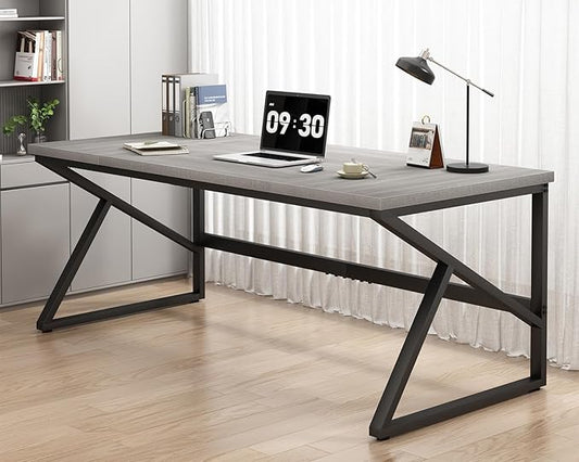 HSH 70 Inch Long Grey Desk, Large Home Office Computer Desk for 2 People, Industrial Wood and Metal Executive Work Writing Study Gaming Desk Table, Modern Bedroom Simple PC Laptop Desk Double Desk-DeskLoop Office