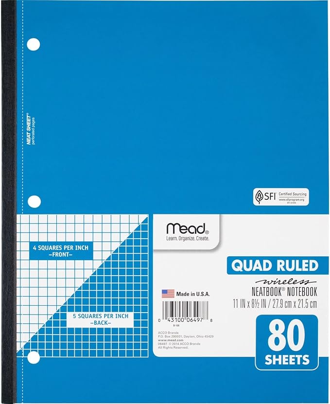 Mead Notebook, 1 Subject, Quad Ruled, 8-1/2" x 11", 80 Sheets, Color Will Vary by Mead
