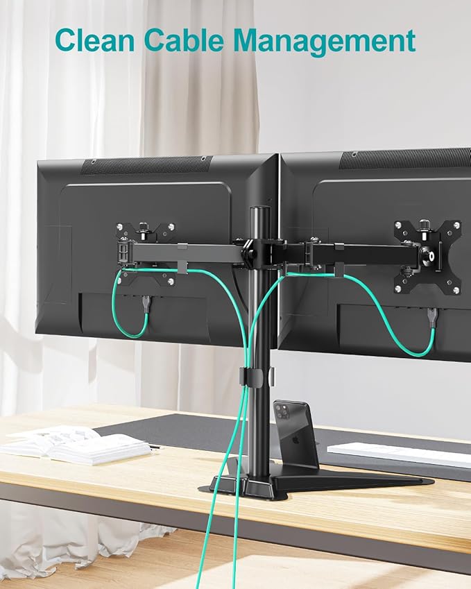 MOUNT PRO Dual Monitor Stand, Free-Standing Full Motion Monitor Desk Mount Fits 2 Screens up to 27 inches,17.6lbs with Height Adjustable, Swivel, Tilt, Rotation, VESA 75x75 100x100, Black-DeskLoop Office