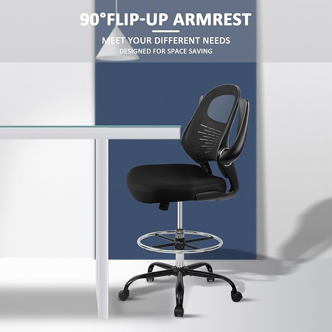 HYLONE Drafting Chair Tall Office Chair with Flip-Up Armrests Ergonomic Computer Chair with Lumbar Support Adjustable Footrest Ring Mesh Standing Desk Chair (Black)-DeskLoop Office