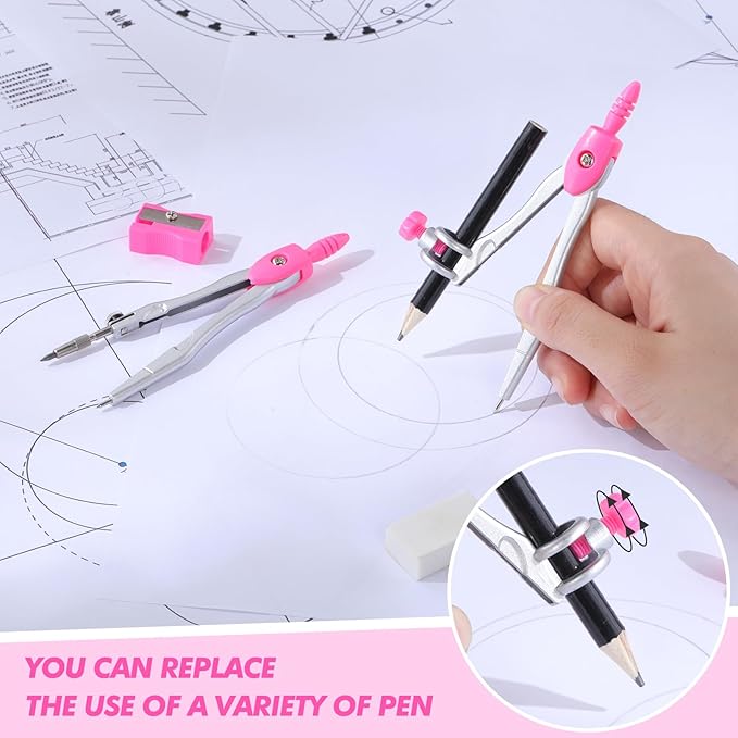 Zonon Math Geometry Set 10 Pcs Student Supplies with Shatterproof Storage Box, Includes Rulers Protractor Compass Pencil Sharpener Lead Refills Eraser Pencil for Drafting and Drawings(Pink)-DeskLoop Office