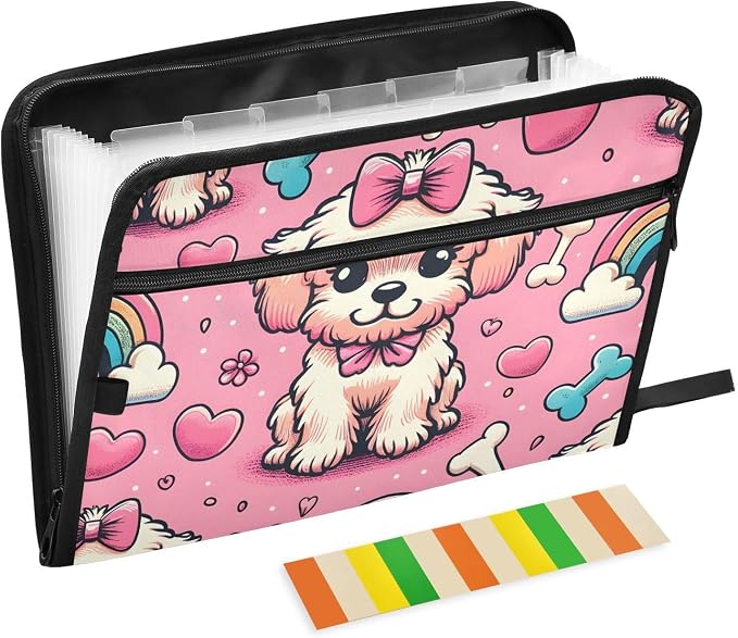 Expanding File Folder Pink Bow Dog Bone Rainbow Accordion File Organizer 13 by ALAZA