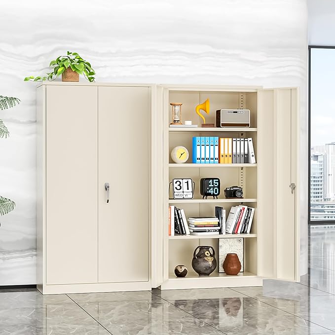 INTERGREAT Tall Metal Storage Cabinet Locking Steel with 4 Adjustable Shelves,72" Lockable Cabinets Lock 2 Doors for Office Garage Supply Home (Cream Grey)-DeskLoop Office