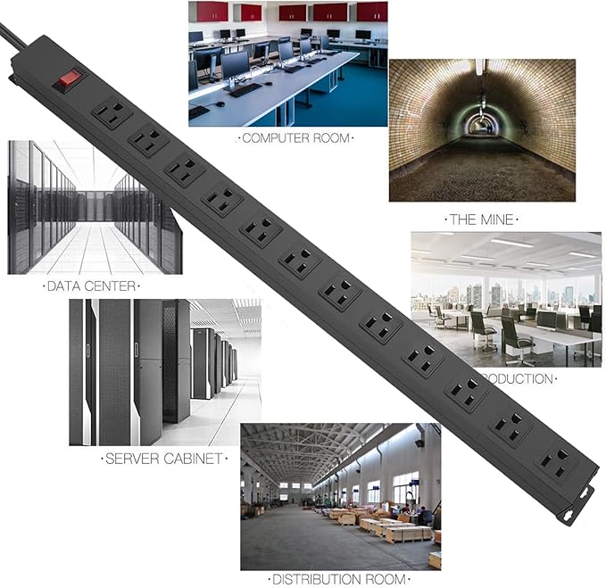 HHSOET Aluminum Wall Mount Power Strip - 12 AC Outlets, 15 FT Cord, 15A 125V Switch-DeskLoop Office