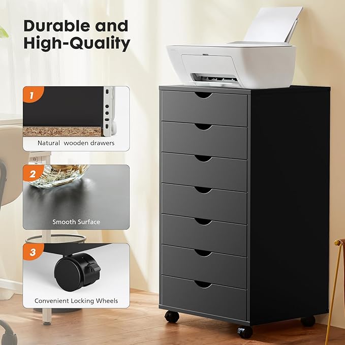 OLIXIS 7 Drawer File Cabinet on Wheels, Printer Stand | Fits Under Desks - Image 7