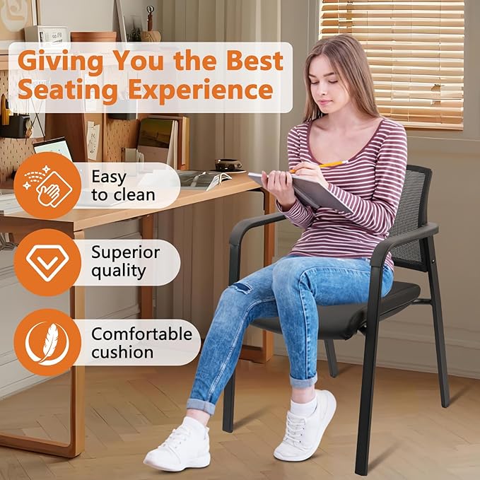 CLATINA Stackable Office Chair, Mesh Back Guest Chairs with Comfortable Leather Seat Arms Stacking Ergonomic Desk Chair No Wheels for Conference Waiting Reception School Stationary, Black, Set of 2-DeskLoop Office