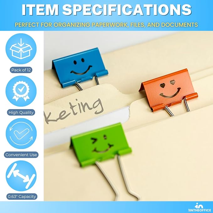 1InTheOffice Medium Cute Colored Smiley Face Binder Clips - Image 7