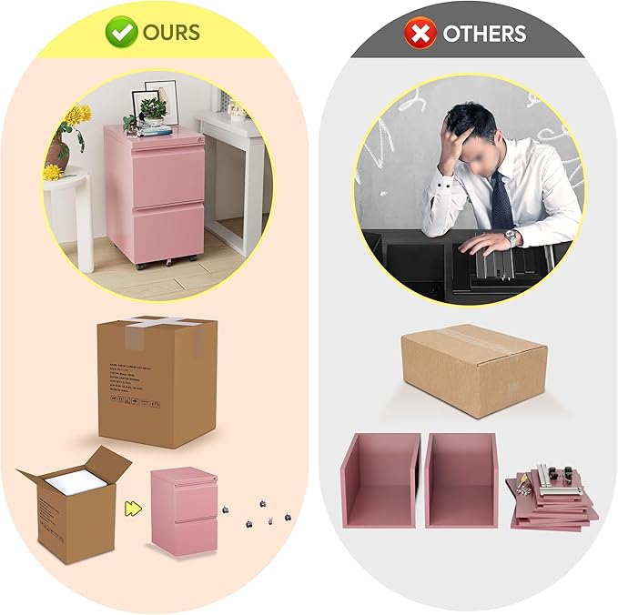 Aobabo Metal 2 Drawer Office File Cabinet with Lock, Under Desk Office Steel Files Cabinet on Wheels, 25.6''H Legal/Letter A4 Size, Fully Assembled Except Wheels,Pink-DeskLoop Office