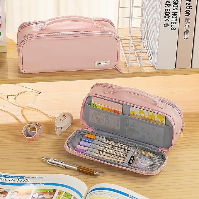 MAMUNU Pencil Case Large Capacity with 3 Compartments, Pencil Case Pouch Bag with Zipper Handle Portable Pen Stationery Organizer for Teen Girls Adults College School Office Travel, Pink-DeskLoop Office