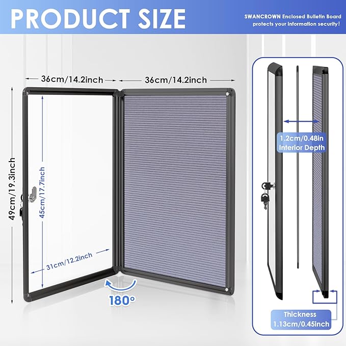 SWANCROWN Enclosed Bulletin Board with Locking Door 20x14 in, Lockable Felt Letter Board Sign Tamperproof Message Board for Office School Home, Black Aluminum Frame, Grey-DeskLoop Office