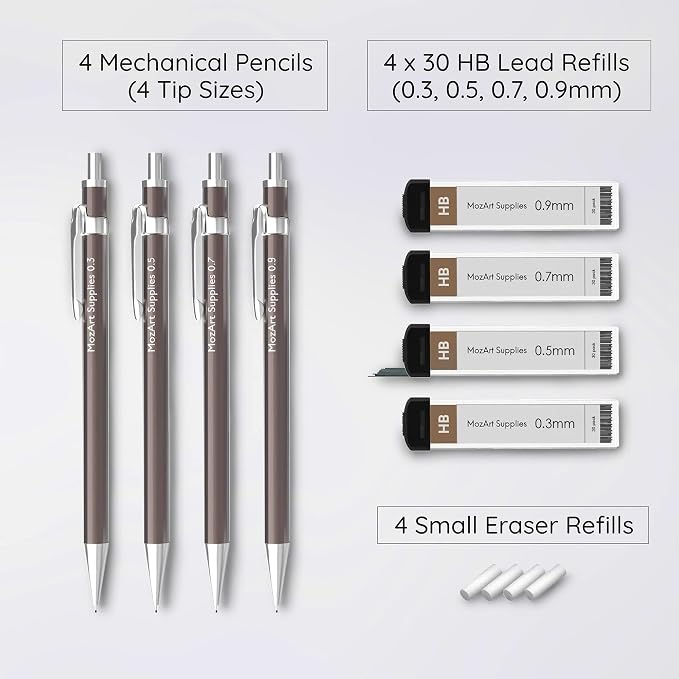 MozArt Mechanical Pencil Set 4 Sizes 0.3 0.5 0.7 0.9mm HB Lead Nickel | 30 HB - Image 2