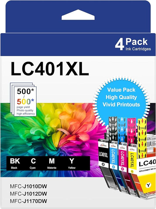 LC401XL Ink Cartridges for Brother Printer Compatible for LC401 Replacement for Brother LC401 Ink Cartridges LC401XL High Yield to use with MFC-J1010DW MFC-J1012DW MFC-J1170DW Printer (4 Pack, XL)-DeskLoop Office
