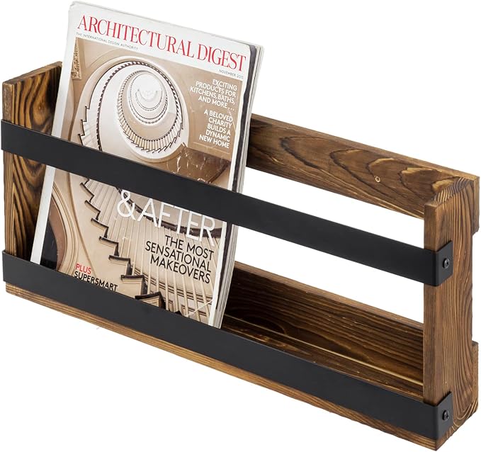 MyGift Rustic Burnt Solid Wood and Industrial Matte Black Metal Magazine by MyGiftHome