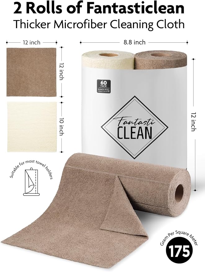 Fantasticlean Microfiber Cleaning Cloth Roll -60 Pack, Tear Away Microfiber Towels, 12" x 12", Reusable, Washable, Scratch Free, Ultra Absorbent Dish Rags for Car, Home, Garage or Shop (Beige & Tan)-DeskLoop Office