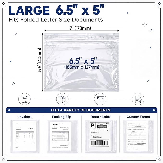 Glenmal 250 Pcs 7" x 5.5" Resealable Packing List Envelopes Clear Self-adhesive - Image 2